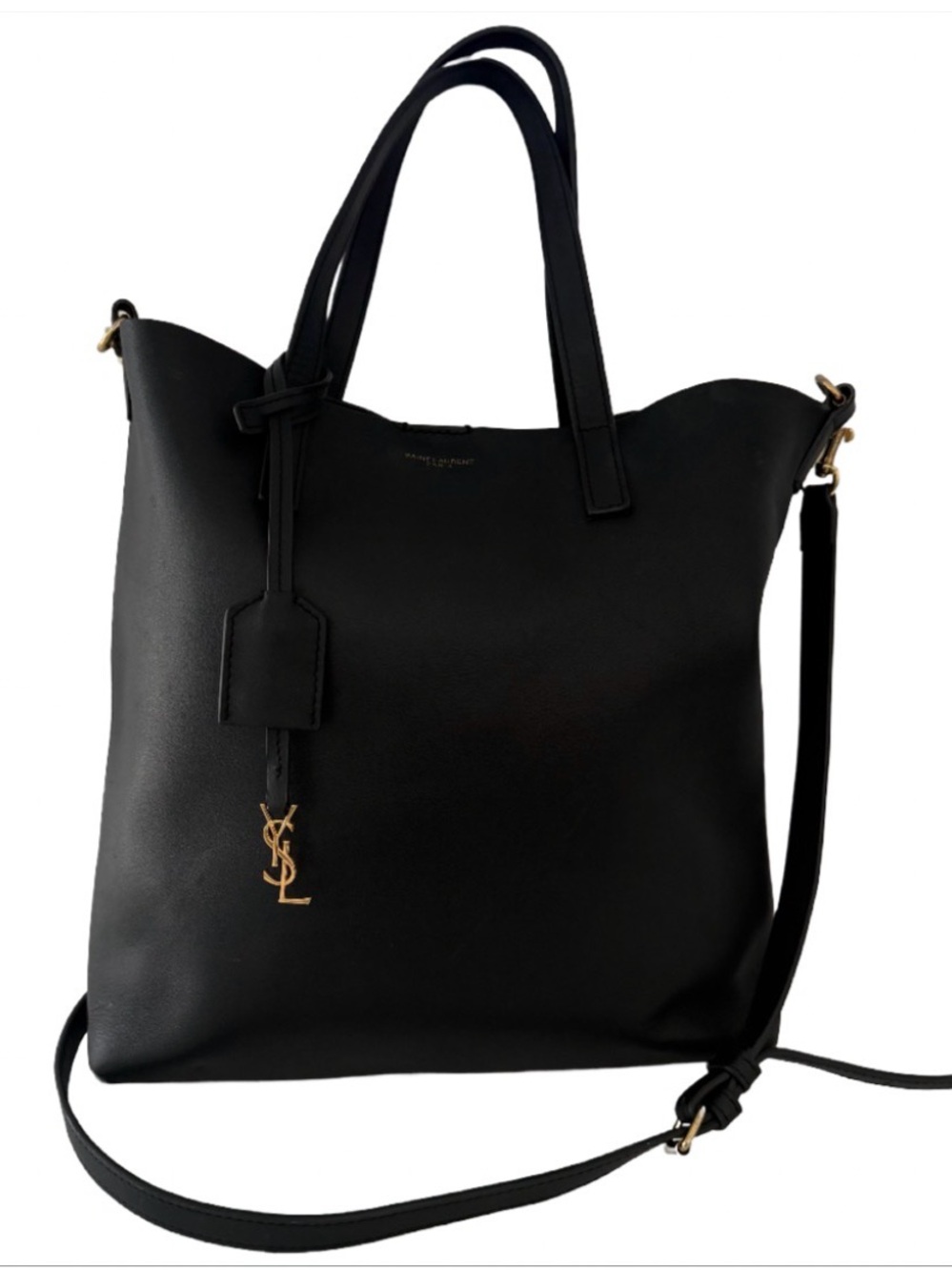 Saint Laurent Black Leather Toy Tote with Gold YSL Charm